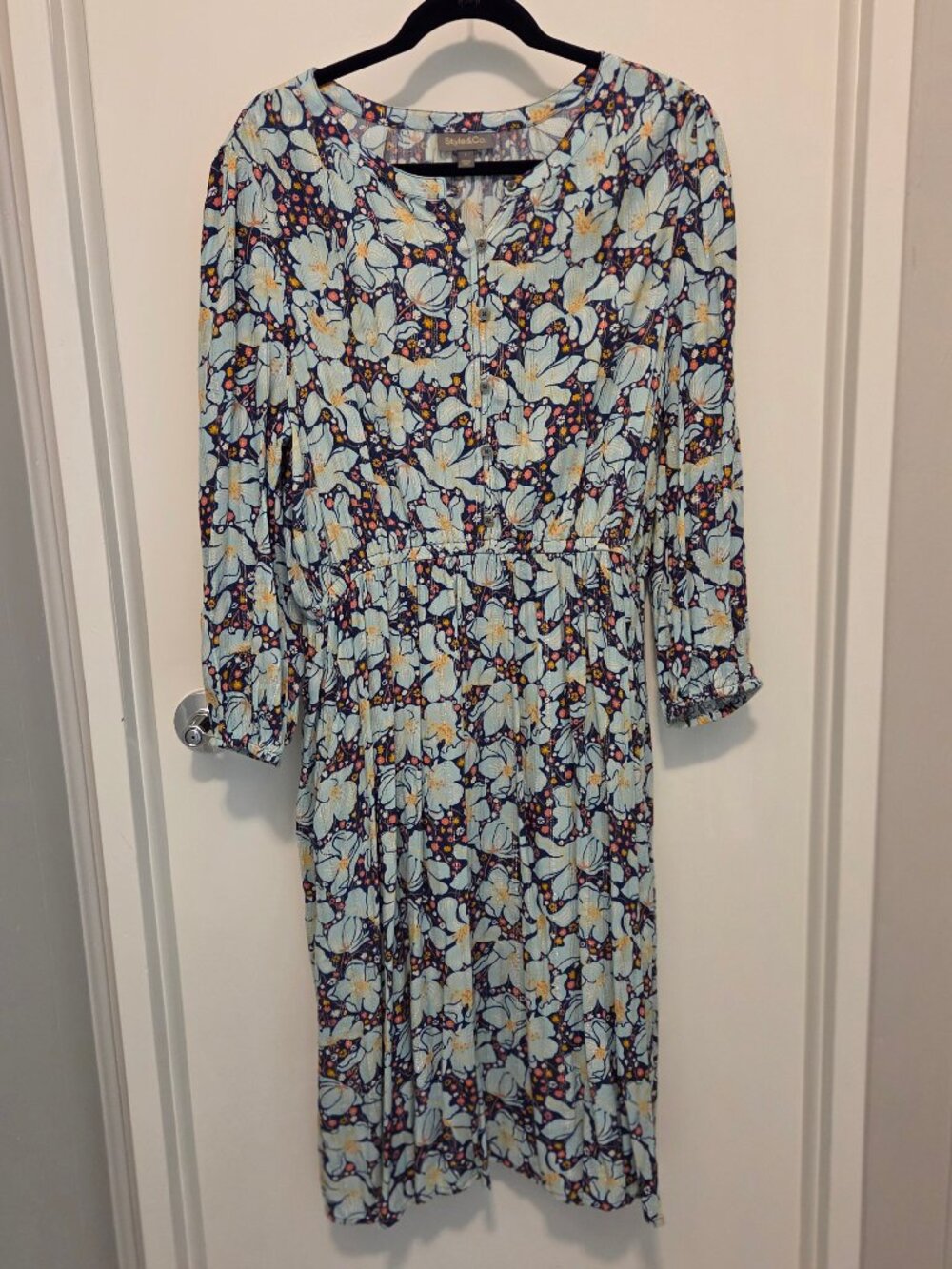 Style & Co Blue, Button-Front, Elastic Waist Dress - Sz L